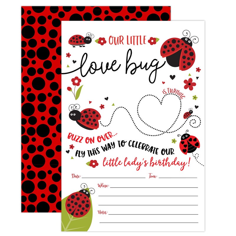 Your Main Event Prints Ladybug Birthday Invitation - Lady Bug Party Invite - 20 Fill-In Style with Envelopes - Little Lady Girl Birthday Invitations - White Envelopes Included - Image 1